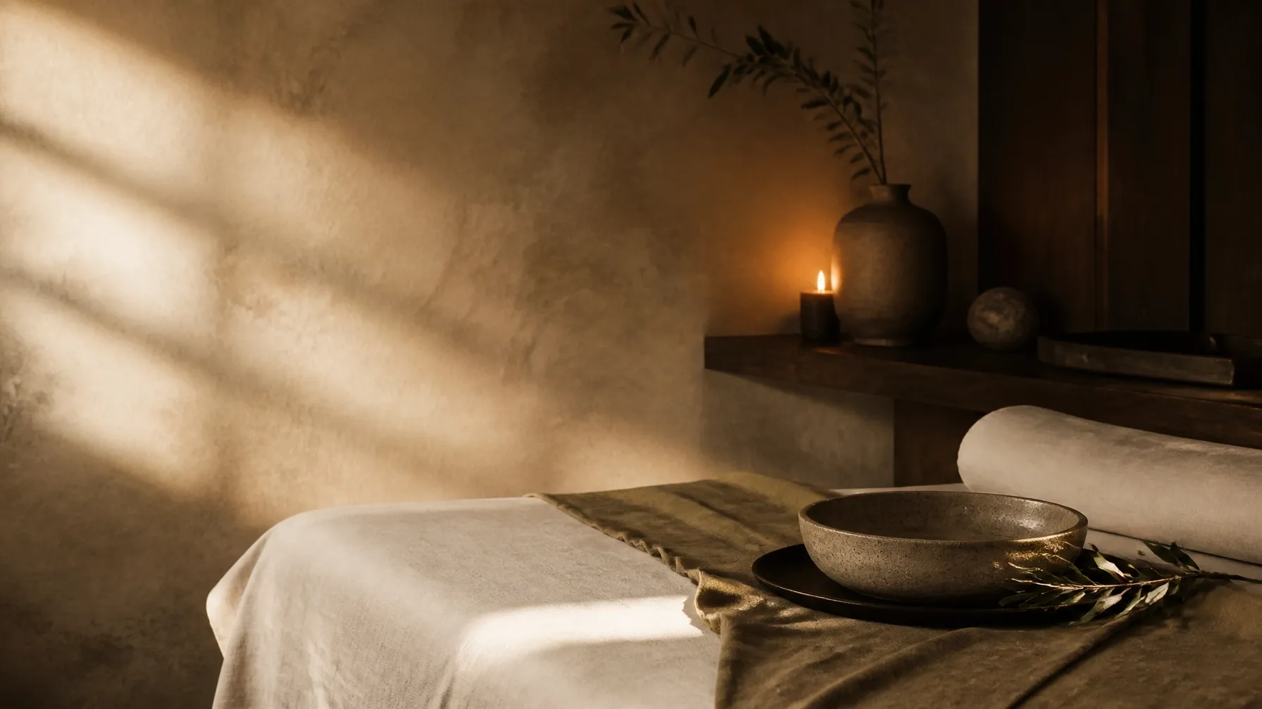 Sunlit treatment room with linen, ceramic, stone, and botanical details