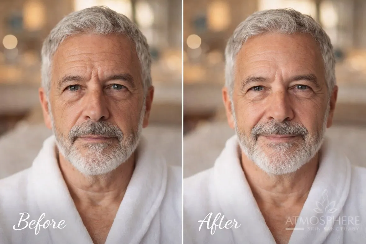 Supplied before-and-after client result image showing a person with silver hair wearing a white robe; the artwork includes Before and After labels and Atmosphere Skin Sanctuary branding.