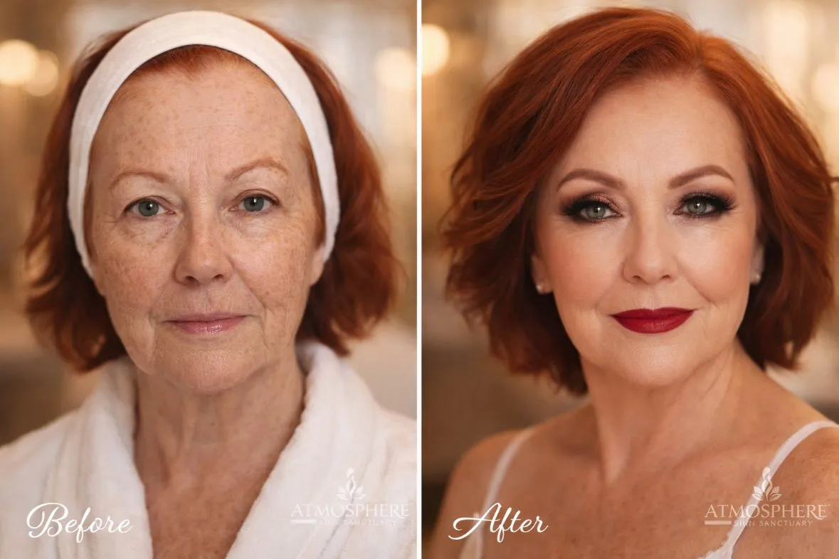 Supplied before-and-after client result image showing a person with red hair; the artwork includes Before and After labels and Atmosphere Skin Sanctuary branding.