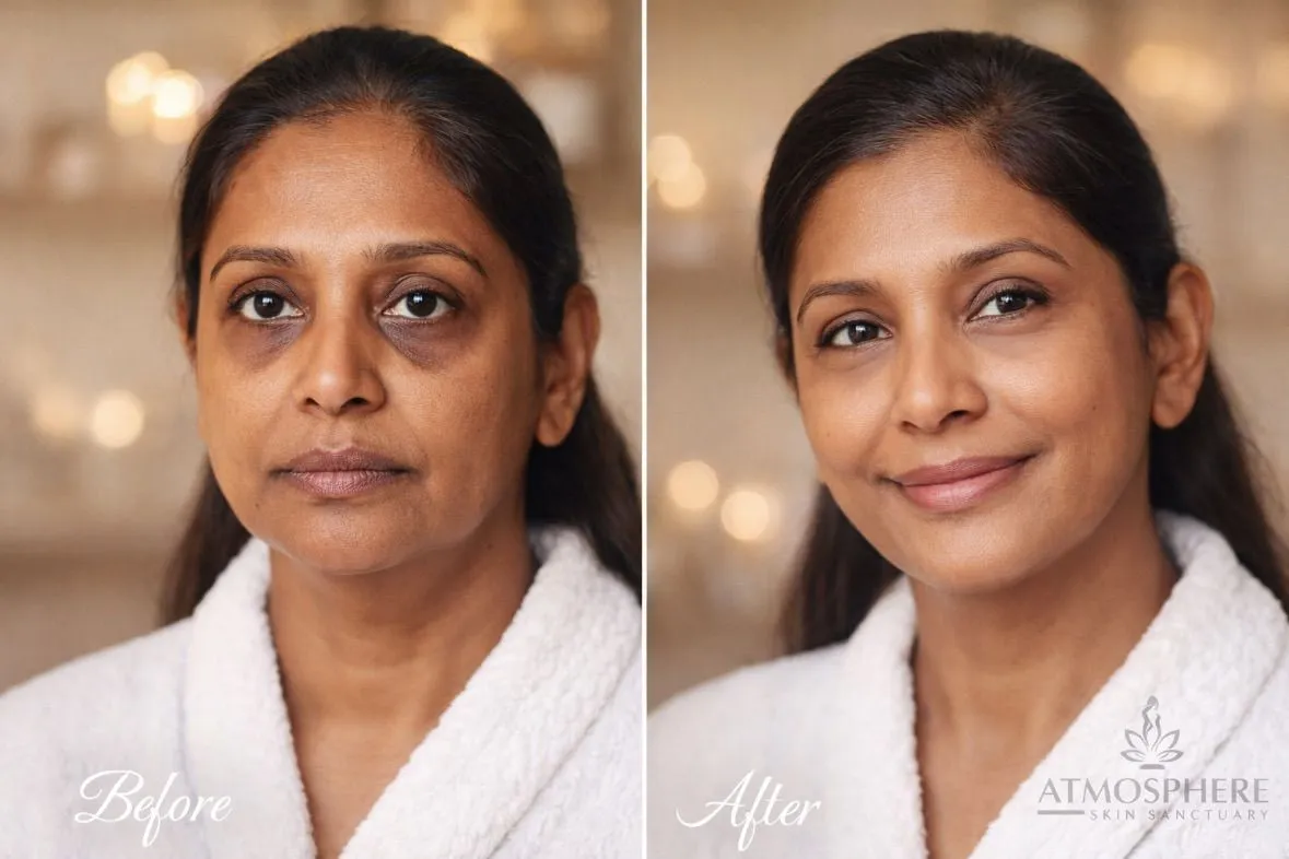 Supplied before-and-after client result image showing a person with dark hair wearing a white robe; the artwork includes Before and After labels and Atmosphere Skin Sanctuary branding.