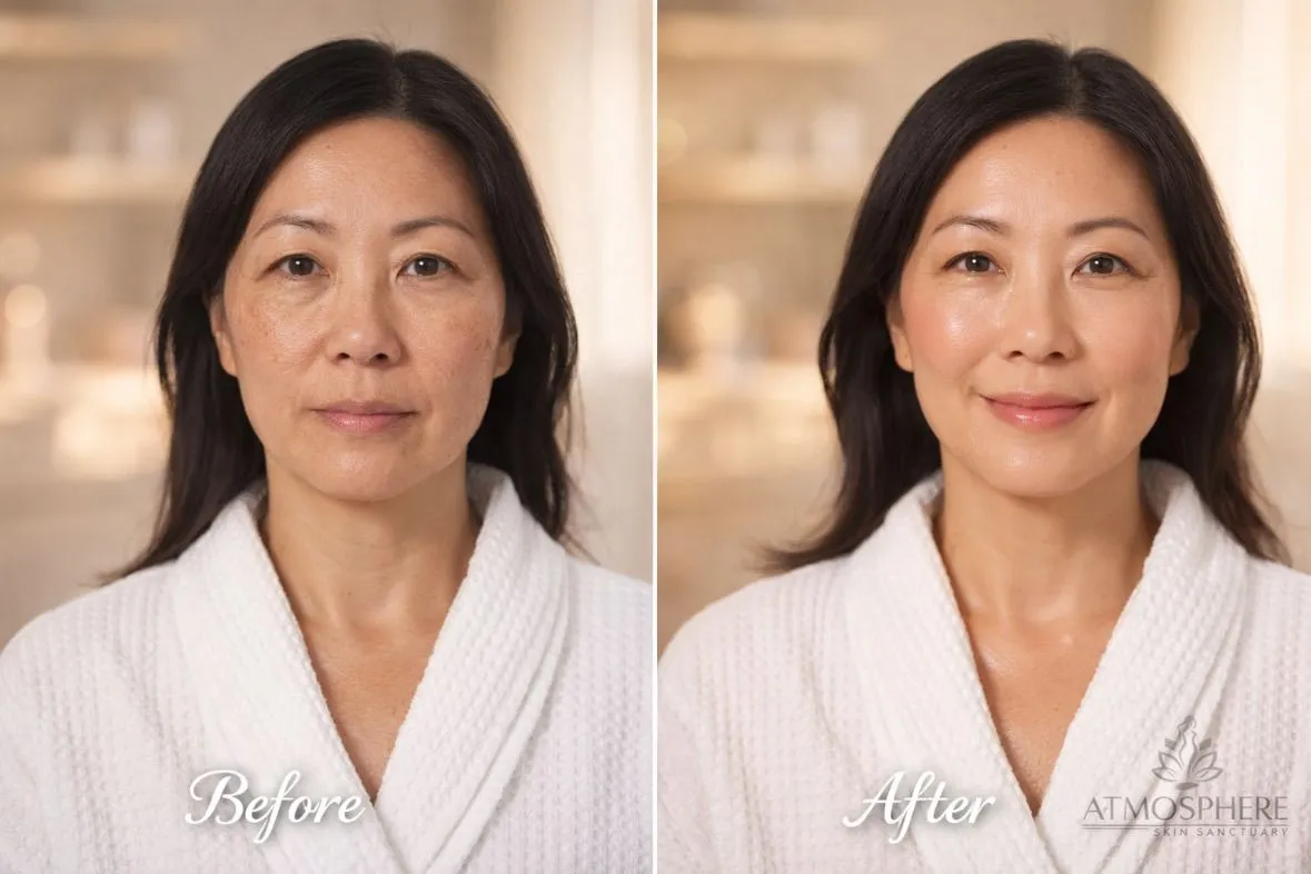 Supplied before-and-after client result image showing a person with dark shoulder-length hair wearing a white robe; the artwork includes Before and After labels and Atmosphere Skin Sanctuary branding.