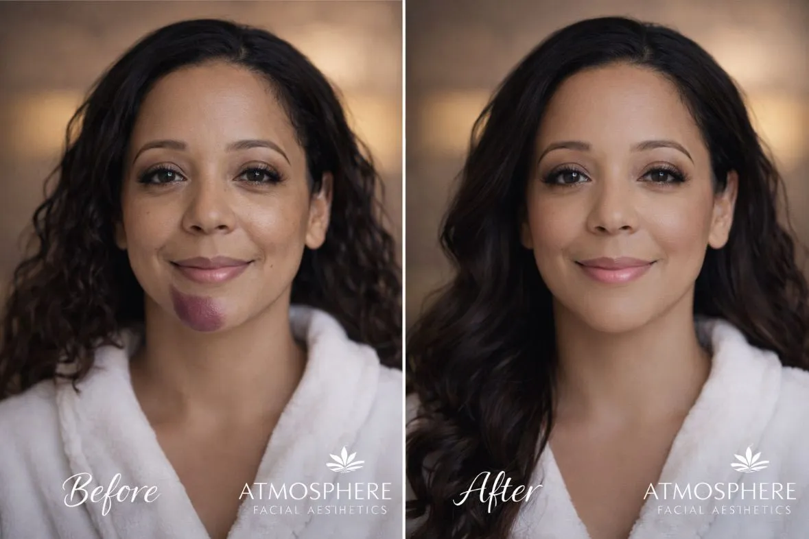Supplied before-and-after client result image showing a person with dark curly hair wearing a white robe; the artwork includes Before and After labels and the supplied Atmosphere Facial Aesthetics branding.