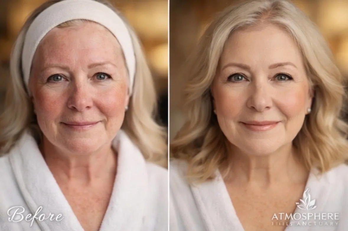 Supplied before-and-after client result image with original Before and After labels and Atmosphere Skin Sanctuary branding.
