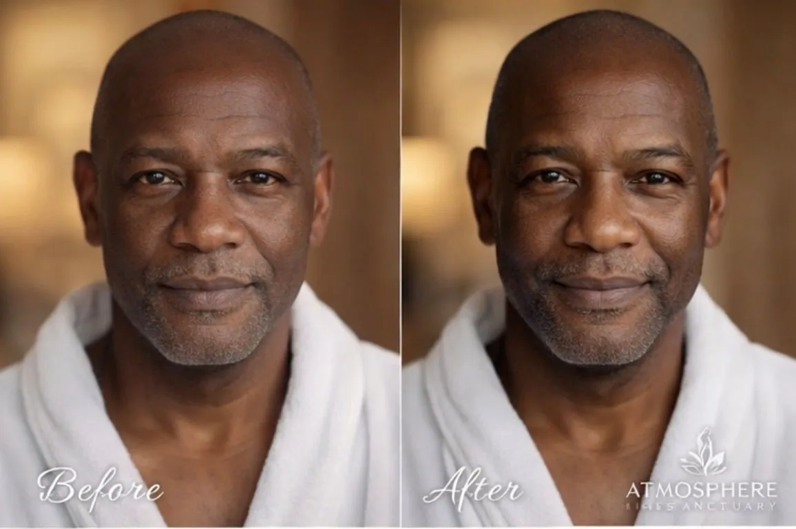 Supplied before-and-after client result image with original Before and After labels and Atmosphere Skin Sanctuary branding.