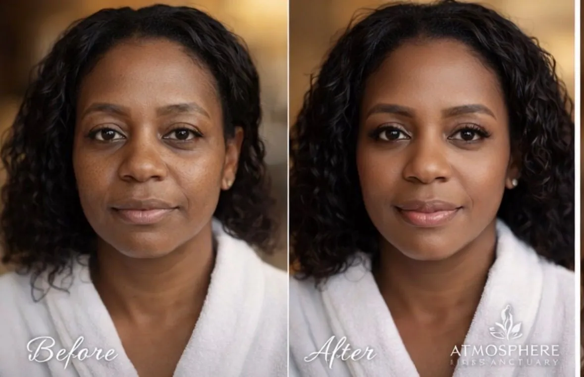 Supplied before-and-after client result image with original Before and After labels and Atmosphere Skin Sanctuary branding.