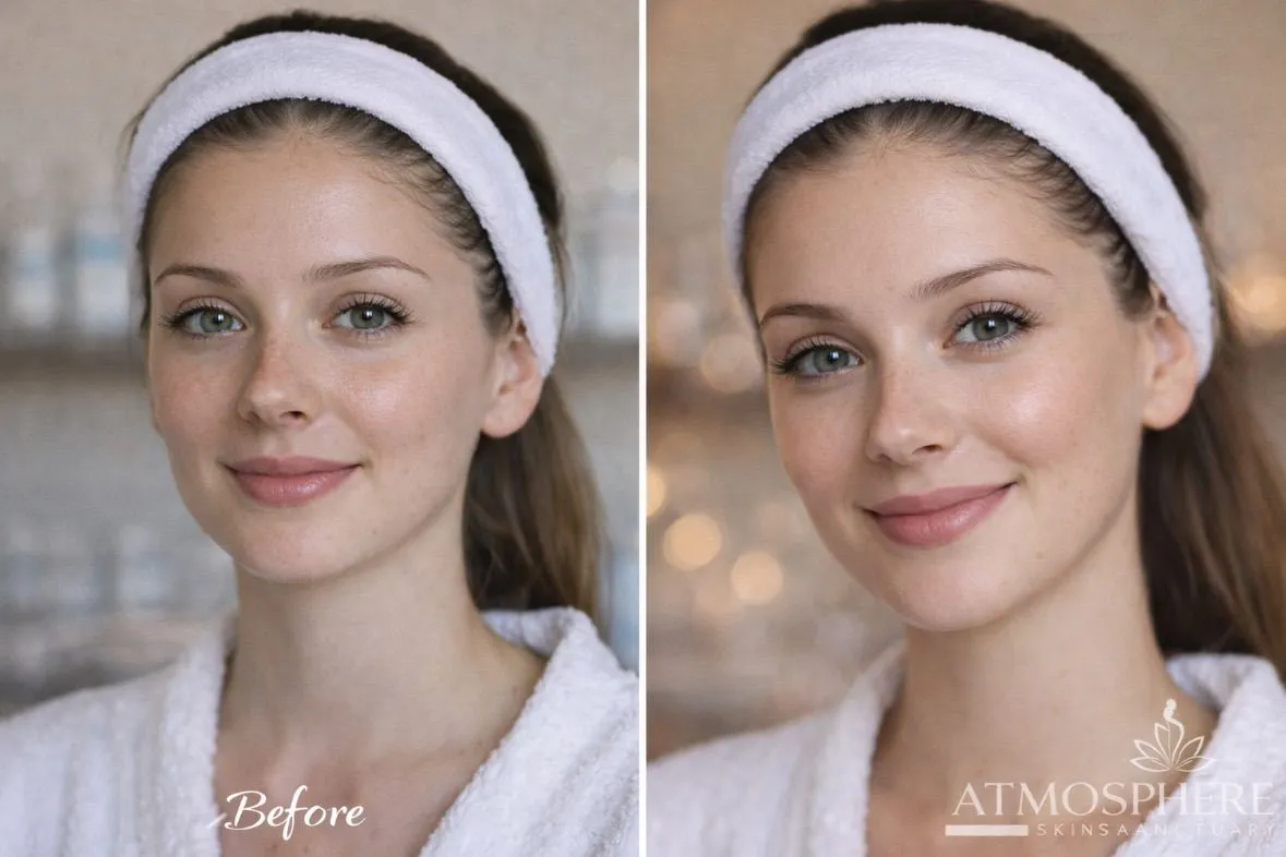 Supplied before-and-after client result image showing a person wearing a white headband and robe; the artwork includes a Before label and Atmosphere Skin Sanctuary branding.