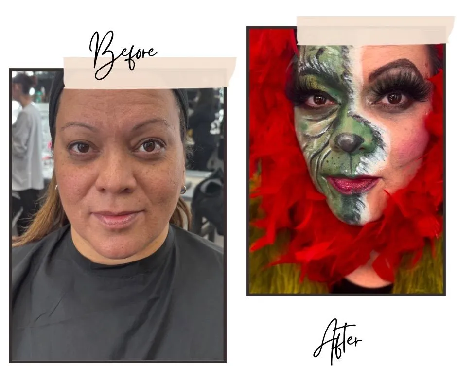 Before-and-after composition showing a person in a black salon cape in the Before photo and with green-and-white face paint and red feathers in the After photo.
