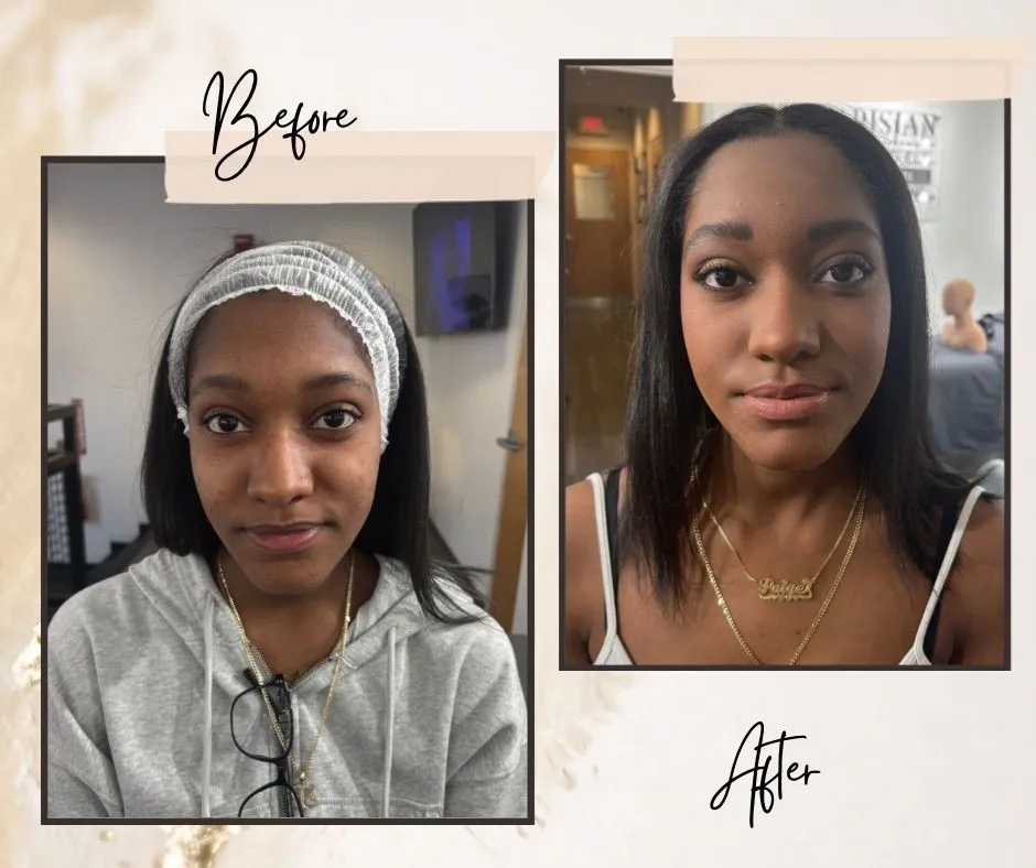 Before-and-after composition showing a person wearing a hair covering with glasses on the garment in the Before photo and without the hair covering while wearing layered necklaces in the After photo.