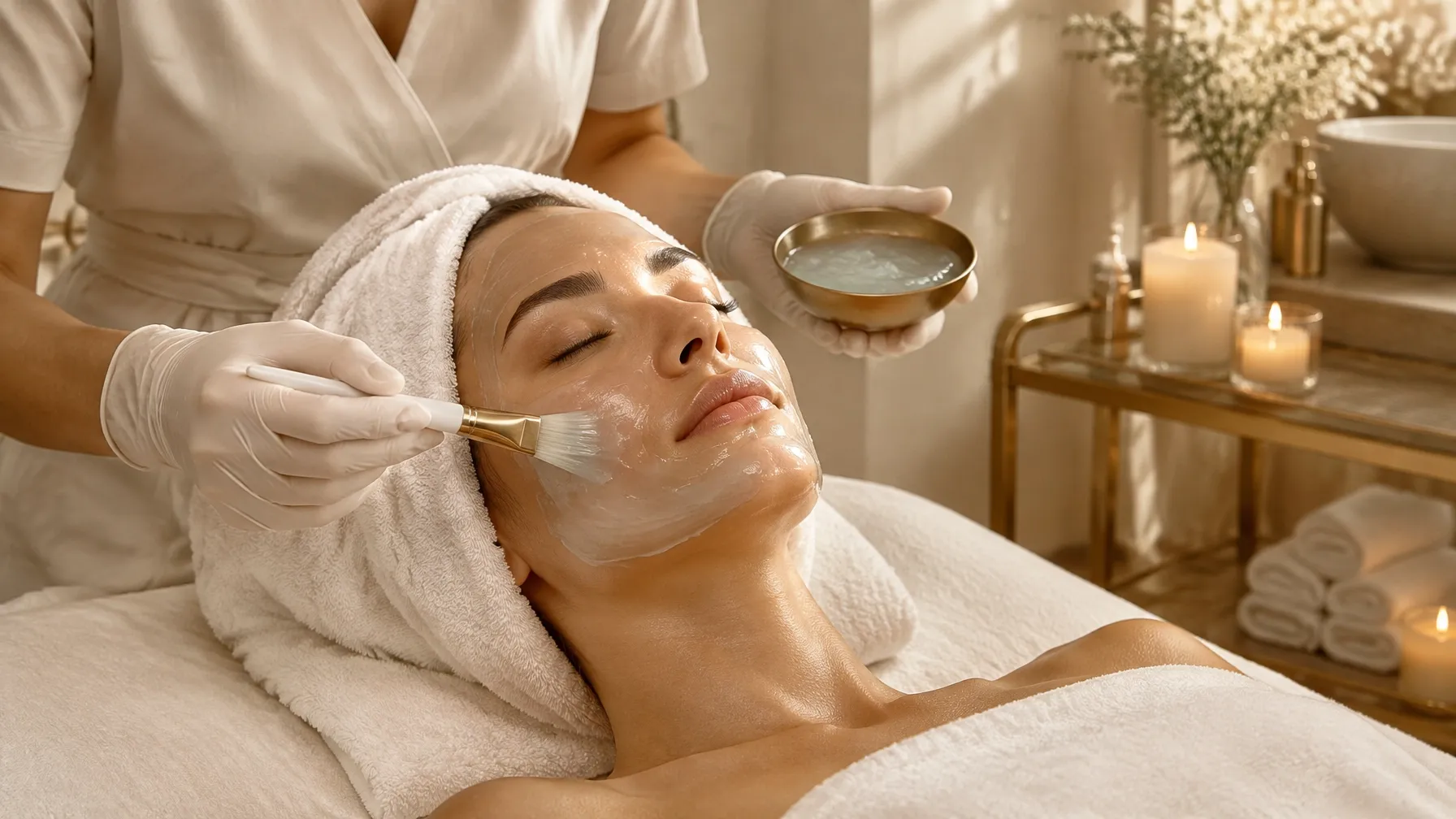 Esthetician applying a facial mask during a custom facial at Atmosphere Skin Sanctuary™