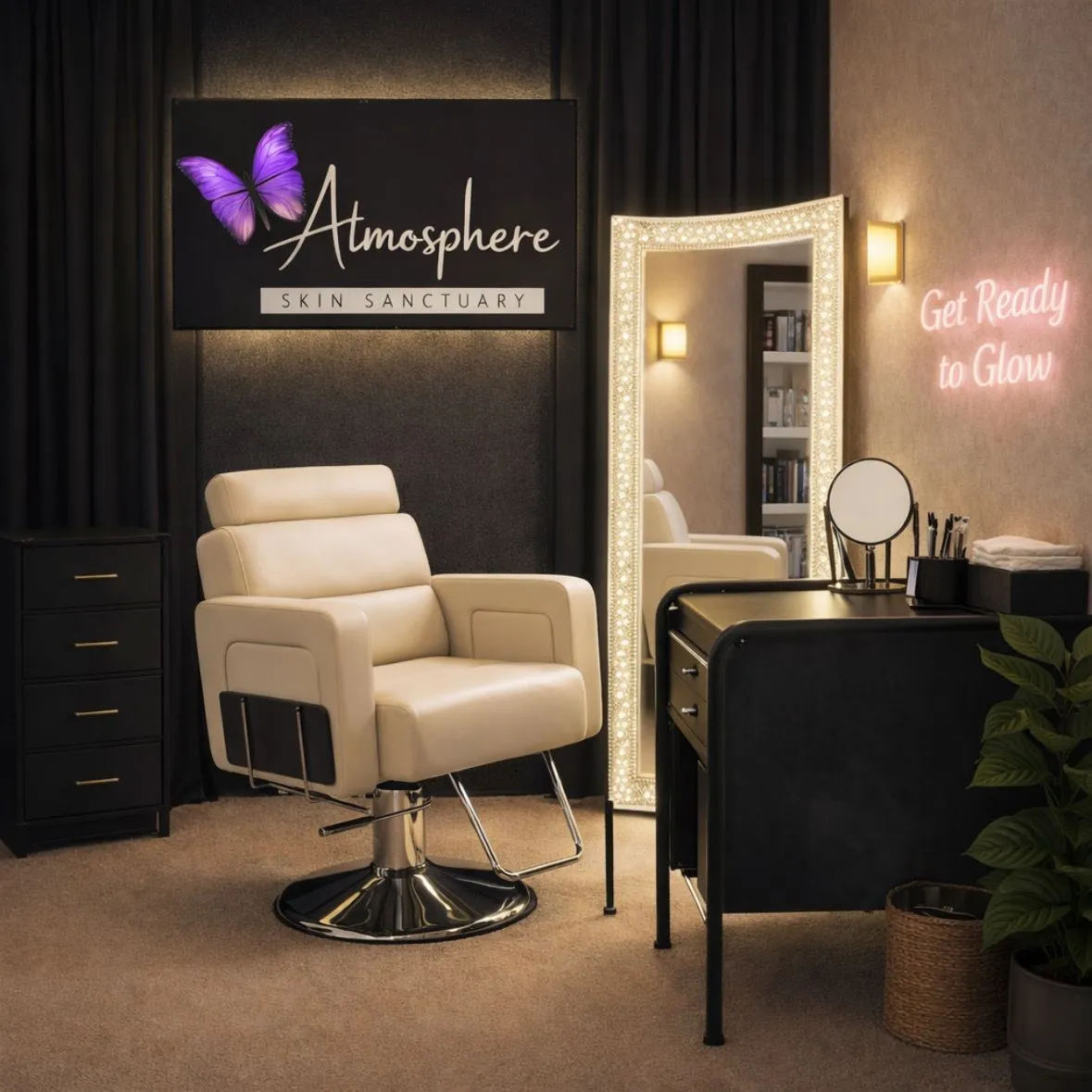 Atmosphere beauty studio with a cream styling chair, illuminated mirror, and makeup station