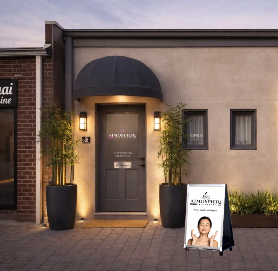 Illuminated exterior entrance to Atmosphere Skin Sanctuary™ with potted bamboo and a welcome sign