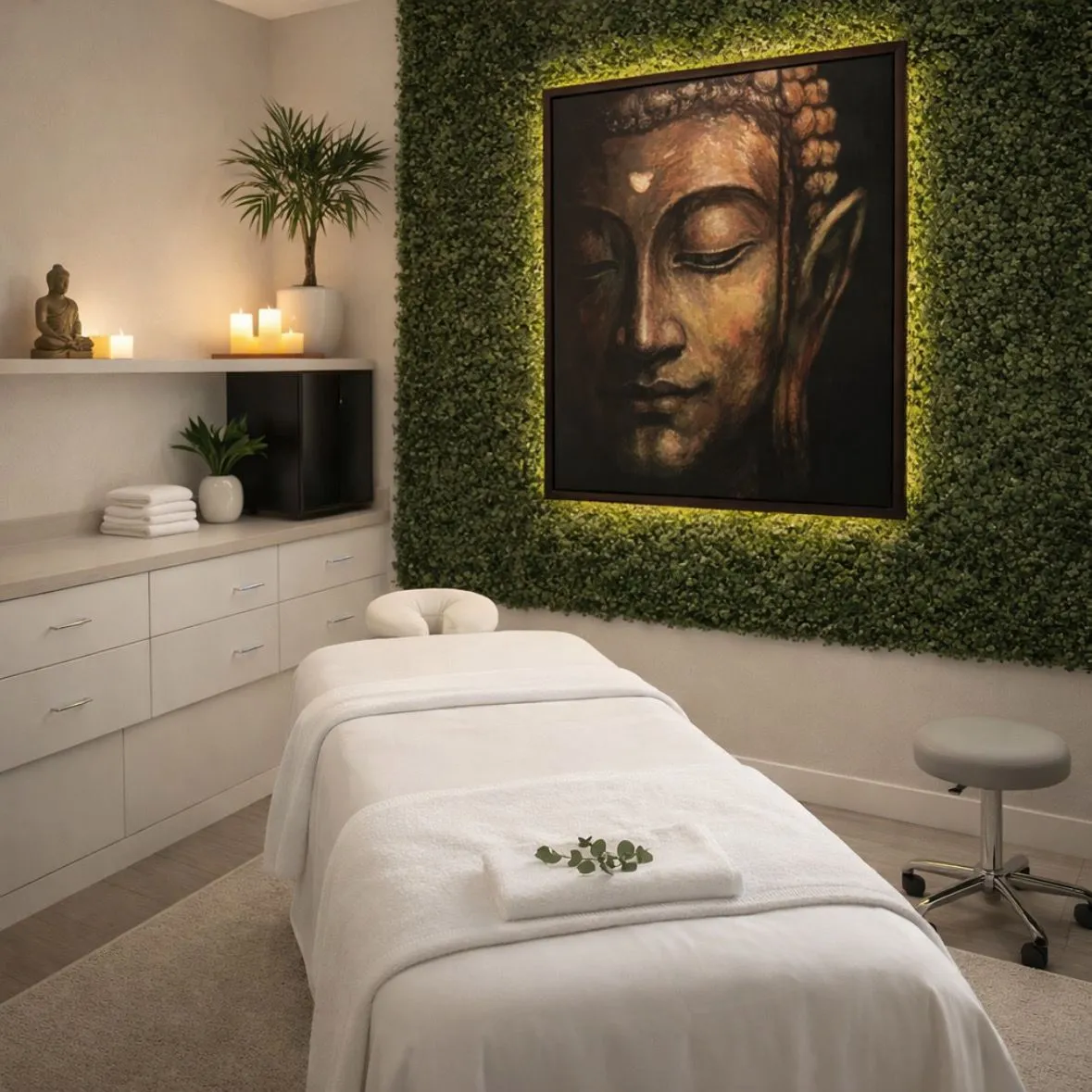 Candlelit treatment sanctuary with a white spa bed, greenery wall, and serene portrait