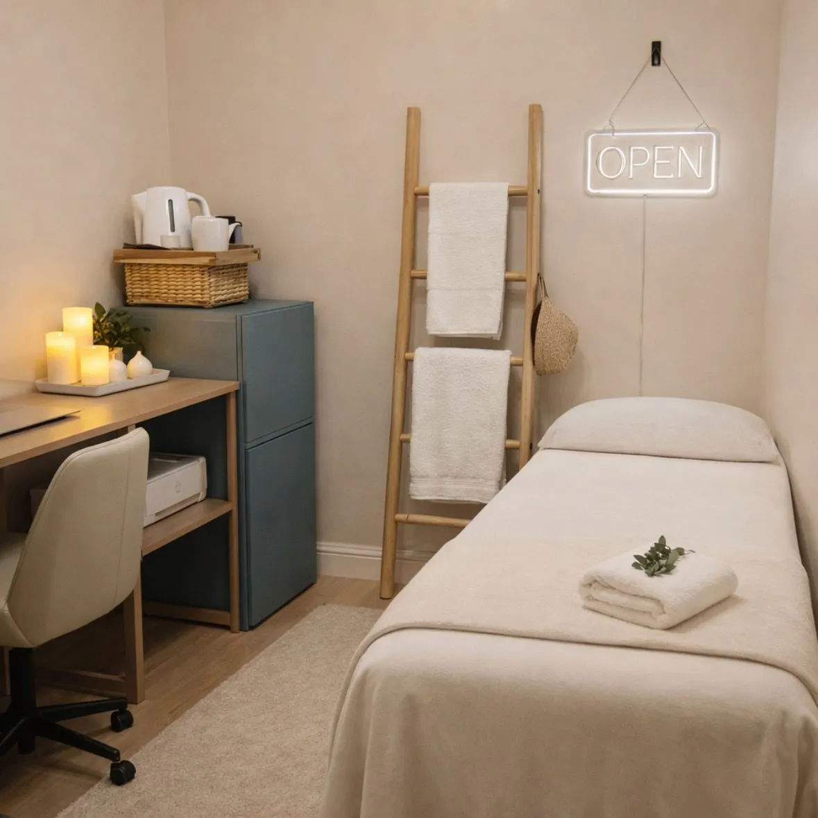 Quiet treatment room with a neatly made bed, folded towels, candles, and a towel ladder
