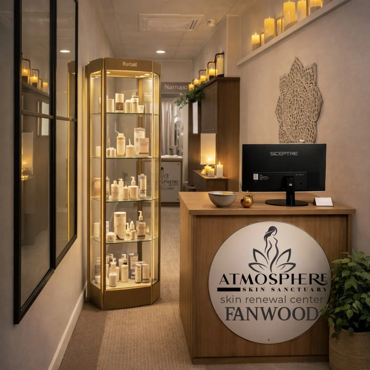 Warm welcome area with a reception desk, illuminated product display, candles, and greenery